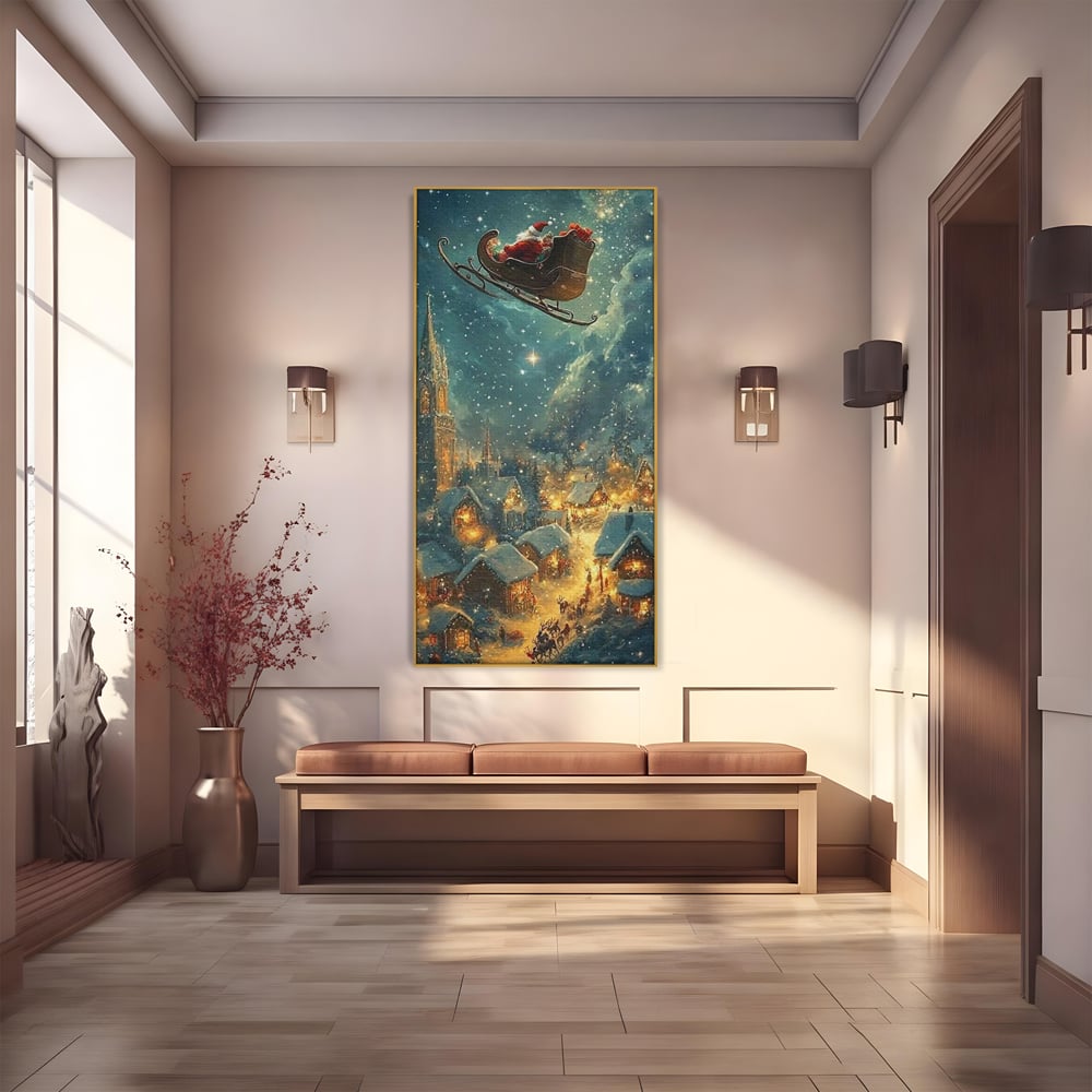 Leinwand Wandkunst Canvas Premium, LuxCanva® D1101, Heiligabend Flug, Traum, Hoffnung, Himmel, Sternenhimmel, Schlitten, Schlitten, Rentier, Geschenk, Geschenktüte, Spielzeug, Stadt, Reise, Schlaf, Morgen, Heiligabend, Wohnen, Schlafzimmer