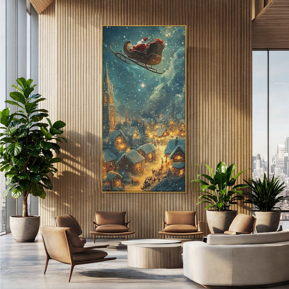 Leinwand Wandkunst Canvas Premium, LuxCanva® D1101, Heiligabend Flug, Traum, Hoffnung, Himmel, Sternenhimmel, Schlitten, Schlitten, Rentier, Geschenk, Geschenktüte, Spielzeug, Stadt, Reise, Schlaf, Morgen, Heiligabend, Wohnen, Schlafzimmer
