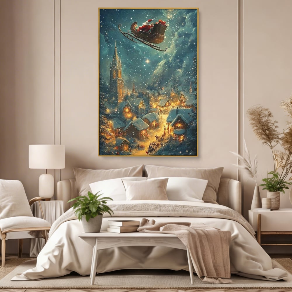 Leinwand Wandkunst Canvas Premium, LuxCanva® D1101, Heiligabend Flug, Traum, Hoffnung, Himmel, Sternenhimmel, Schlitten, Schlitten, Rentier, Geschenk, Geschenktüte, Spielzeug, Stadt, Reise, Schlaf, Morgen, Heiligabend, Wohnen, Schlafzimmer