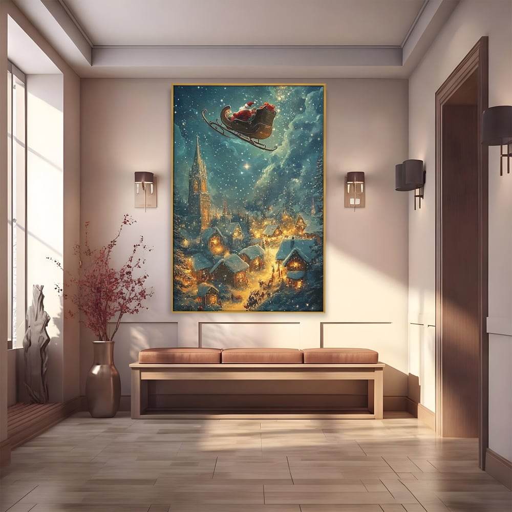 Leinwand Wandkunst Canvas Premium, LuxCanva® D1101, Heiligabend Flug, Traum, Hoffnung, Himmel, Sternenhimmel, Schlitten, Schlitten, Rentier, Geschenk, Geschenktüte, Spielzeug, Stadt, Reise, Schlaf, Morgen, Heiligabend, Wohnen, Schlafzimmer