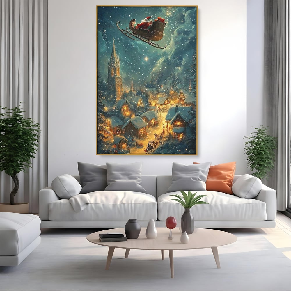 Leinwand Wandkunst Canvas Premium, LuxCanva® D1101, Heiligabend Flug, Traum, Hoffnung, Himmel, Sternenhimmel, Schlitten, Schlitten, Rentier, Geschenk, Geschenktüte, Spielzeug, Stadt, Reise, Schlaf, Morgen, Heiligabend, Wohnen, Schlafzimmer
