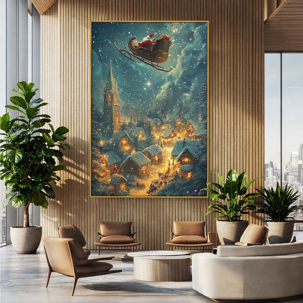 Leinwand Wandkunst Canvas Premium, LuxCanva® D1101, Heiligabend Flug, Traum, Hoffnung, Himmel, Sternenhimmel, Schlitten, Schlitten, Rentier, Geschenk, Geschenktüte, Spielzeug, Stadt, Reise, Schlaf, Morgen, Heiligabend, Wohnen, Schlafzimmer