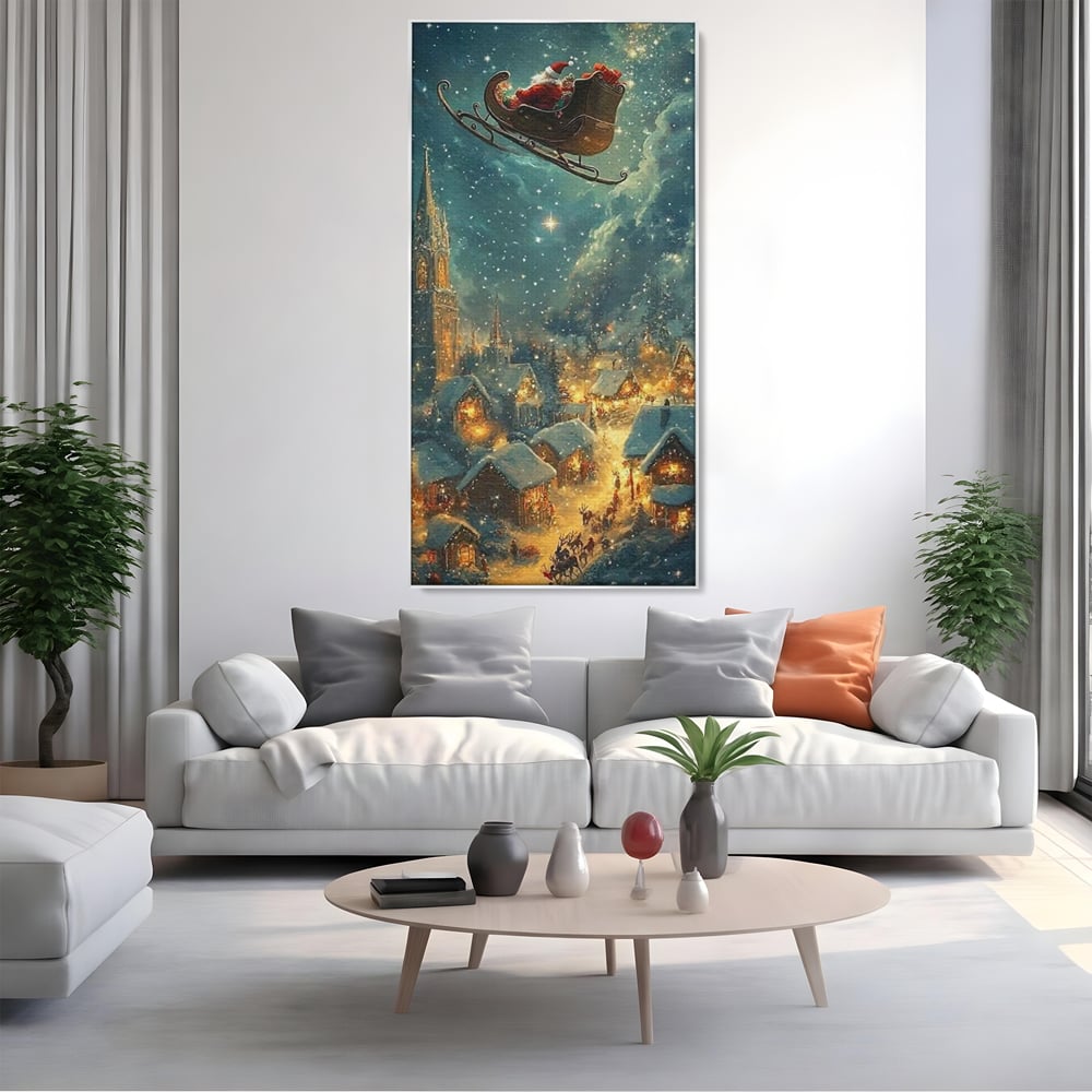 Leinwand Wandkunst Canvas Premium, LuxCanva® D1101, Heiligabend Flug, Traum, Hoffnung, Himmel, Sternenhimmel, Schlitten, Schlitten, Rentier, Geschenk, Geschenktüte, Spielzeug, Stadt, Reise, Schlaf, Morgen, Heiligabend, Wohnen, Schlafzimmer