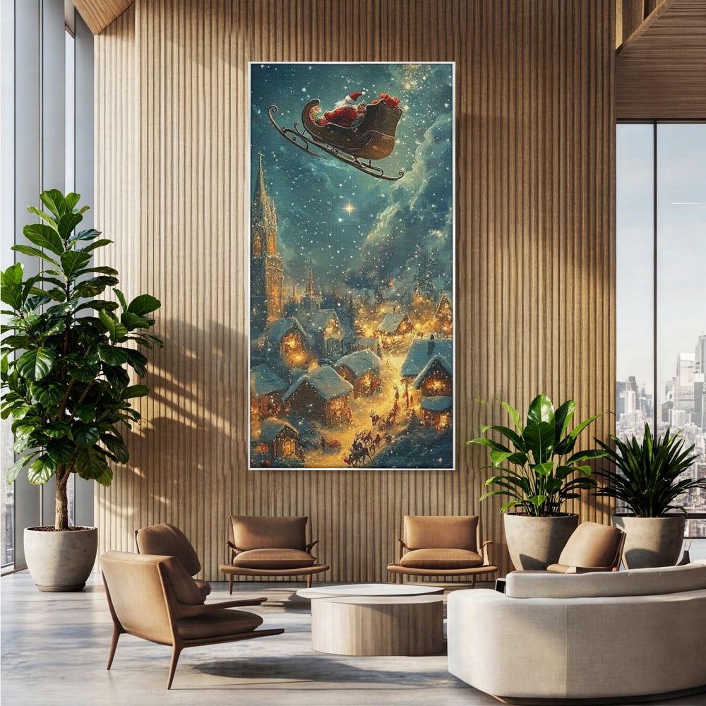 Leinwand Wandkunst Canvas Premium, LuxCanva® D1101, Heiligabend Flug, Traum, Hoffnung, Himmel, Sternenhimmel, Schlitten, Schlitten, Rentier, Geschenk, Geschenktüte, Spielzeug, Stadt, Reise, Schlaf, Morgen, Heiligabend, Wohnen, Schlafzimmer