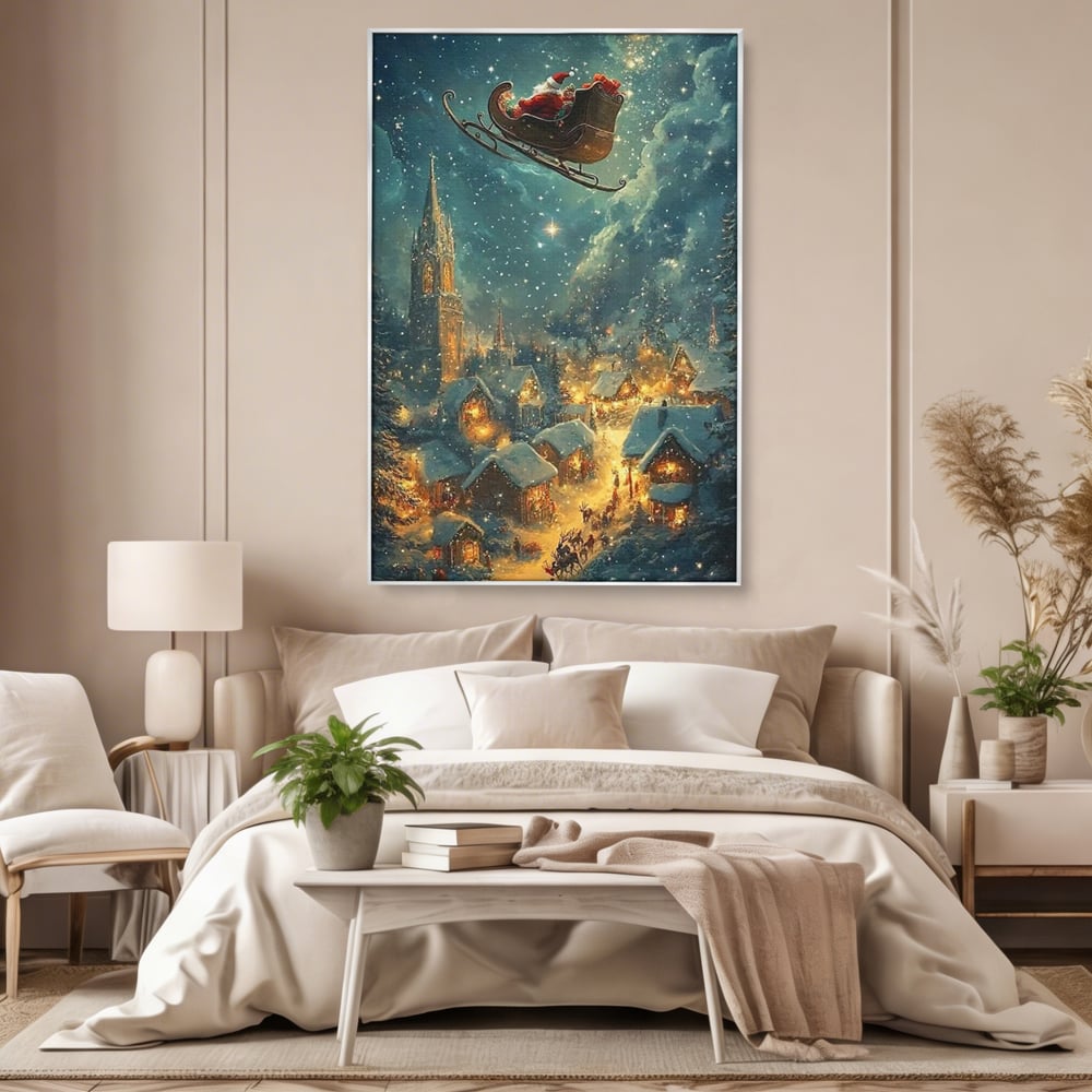 Leinwand Wandkunst Canvas Premium, LuxCanva® D1101, Heiligabend Flug, Traum, Hoffnung, Himmel, Sternenhimmel, Schlitten, Schlitten, Rentier, Geschenk, Geschenktüte, Spielzeug, Stadt, Reise, Schlaf, Morgen, Heiligabend, Wohnen, Schlafzimmer