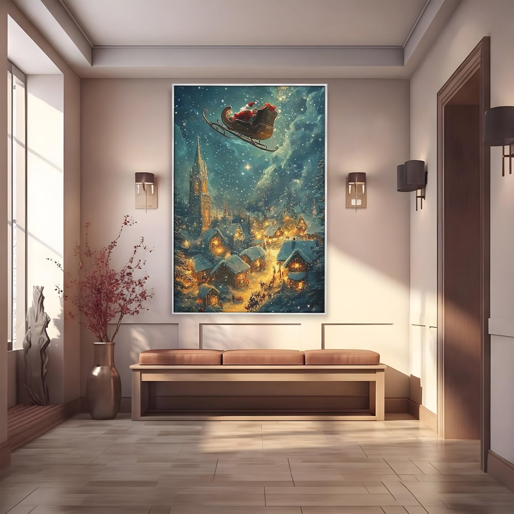Leinwand Wandkunst Canvas Premium, LuxCanva® D1101, Heiligabend Flug, Traum, Hoffnung, Himmel, Sternenhimmel, Schlitten, Schlitten, Rentier, Geschenk, Geschenktüte, Spielzeug, Stadt, Reise, Schlaf, Morgen, Heiligabend, Wohnen, Schlafzimmer