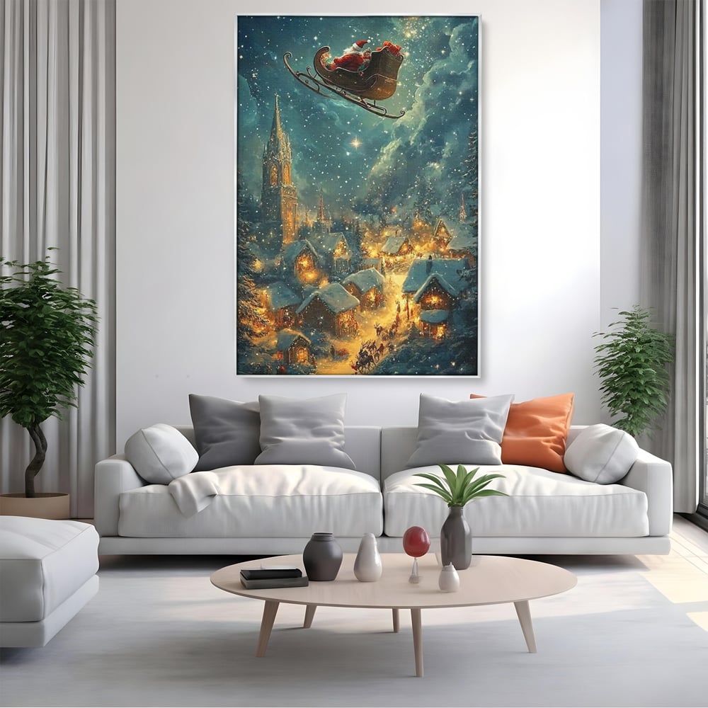 Leinwand Wandkunst Canvas Premium, LuxCanva® D1101, Heiligabend Flug, Traum, Hoffnung, Himmel, Sternenhimmel, Schlitten, Schlitten, Rentier, Geschenk, Geschenktüte, Spielzeug, Stadt, Reise, Schlaf, Morgen, Heiligabend, Wohnen, Schlafzimmer