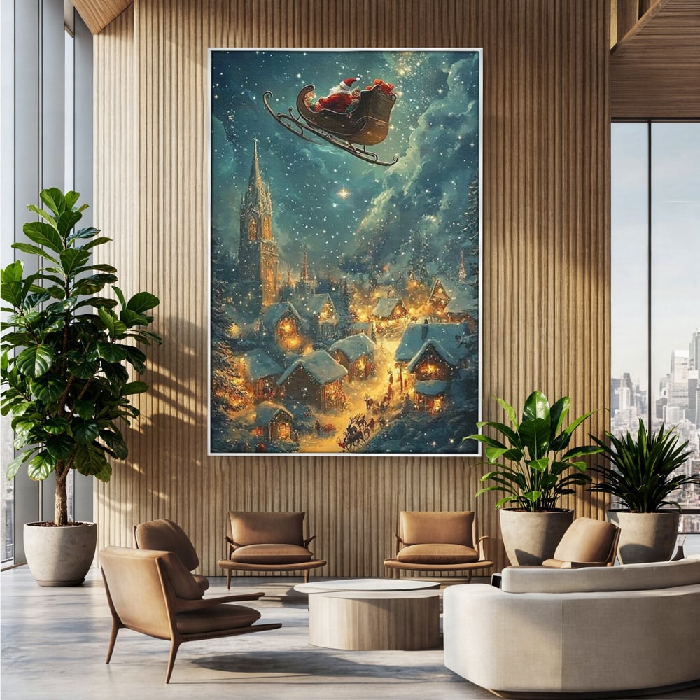 Leinwand Wandkunst Canvas Premium, LuxCanva® D1101, Heiligabend Flug, Traum, Hoffnung, Himmel, Sternenhimmel, Schlitten, Schlitten, Rentier, Geschenk, Geschenktüte, Spielzeug, Stadt, Reise, Schlaf, Morgen, Heiligabend, Wohnen, Schlafzimmer