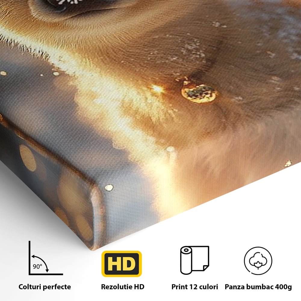 Canvas Wall Art Premium, LuxCanva® D1102, Die Magie der Unschuld eines Huhns, Tier, Hirsch, Wald, Schnee, Schneefall, Blick, Weißheit, Reinheit, Licht, Wunder, Spaziergang, Schnee, Abend, Wohnen, Schlafzimmer