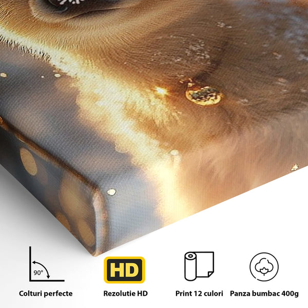 Canvas Wall Art Premium, LuxCanva® D1102, Die Magie der Unschuld eines Huhns, Tier, Hirsch, Wald, Schnee, Schneefall, Blick, Weißheit, Reinheit, Licht, Wunder, Spaziergang, Schnee, Abend, Wohnen, Schlafzimmer