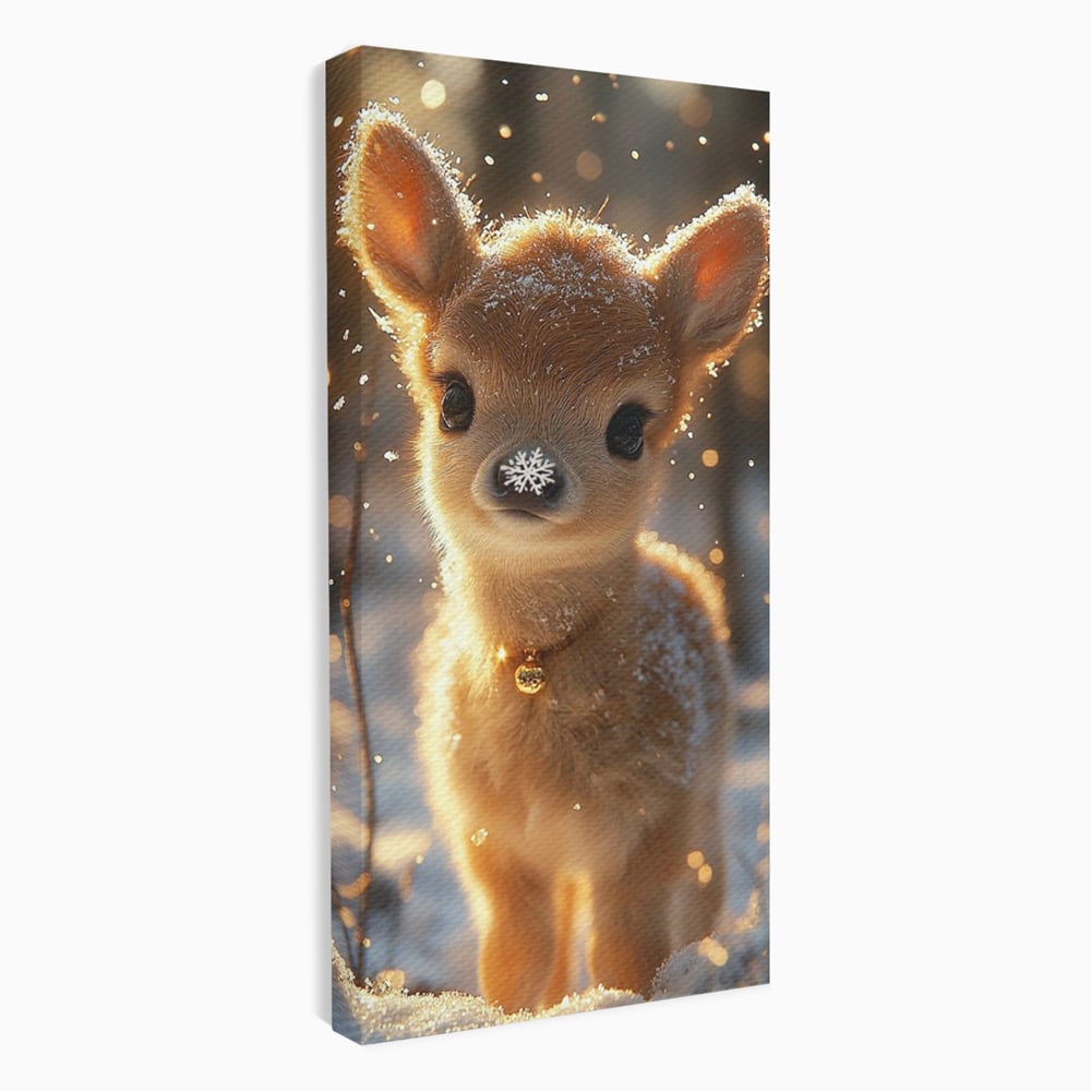 Canvas Wall Art Premium, LuxCanva® D1102, Die Magie der Unschuld eines Huhns, Tier, Hirsch, Wald, Schnee, Schneefall, Blick, Weißheit, Reinheit, Licht, Wunder, Spaziergang, Schnee, Abend, Wohnen, Schlafzimmer