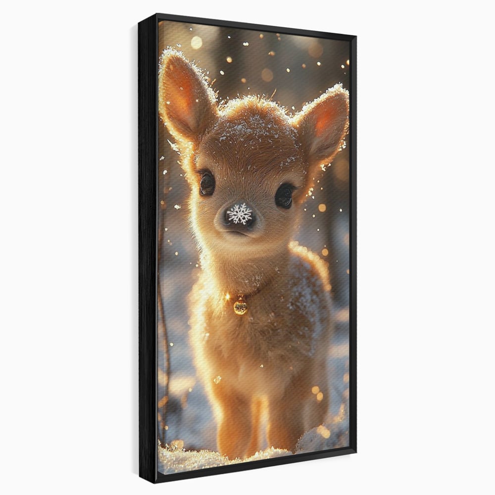 Canvas Wall Art Premium, LuxCanva® D1102, Die Magie der Unschuld eines Huhns, Tier, Hirsch, Wald, Schnee, Schneefall, Blick, Weißheit, Reinheit, Licht, Wunder, Spaziergang, Schnee, Abend, Wohnen, Schlafzimmer