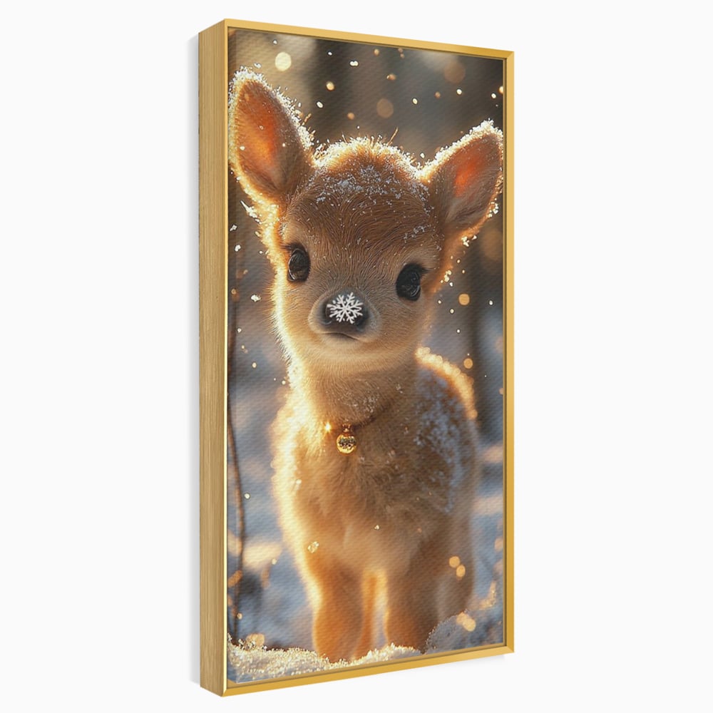 Canvas Wall Art Premium, LuxCanva® D1102, Die Magie der Unschuld eines Huhns, Tier, Hirsch, Wald, Schnee, Schneefall, Blick, Weißheit, Reinheit, Licht, Wunder, Spaziergang, Schnee, Abend, Wohnen, Schlafzimmer