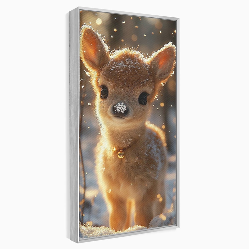 Canvas Wall Art Premium, LuxCanva® D1102, Die Magie der Unschuld eines Huhns, Tier, Hirsch, Wald, Schnee, Schneefall, Blick, Weißheit, Reinheit, Licht, Wunder, Spaziergang, Schnee, Abend, Wohnen, Schlafzimmer