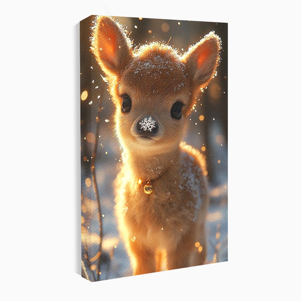 Canvas Wall Art Premium, LuxCanva® D1102, Die Magie der Unschuld eines Huhns, Tier, Hirsch, Wald, Schnee, Schneefall, Blick, Weißheit, Reinheit, Licht, Wunder, Spaziergang, Schnee, Abend, Wohnen, Schlafzimmer