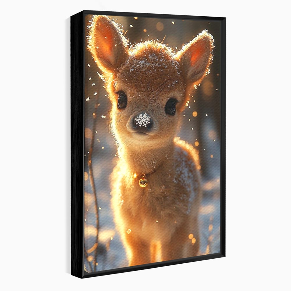 Canvas Wall Art Premium, LuxCanva® D1102, Die Magie der Unschuld eines Huhns, Tier, Hirsch, Wald, Schnee, Schneefall, Blick, Weißheit, Reinheit, Licht, Wunder, Spaziergang, Schnee, Abend, Wohnen, Schlafzimmer
