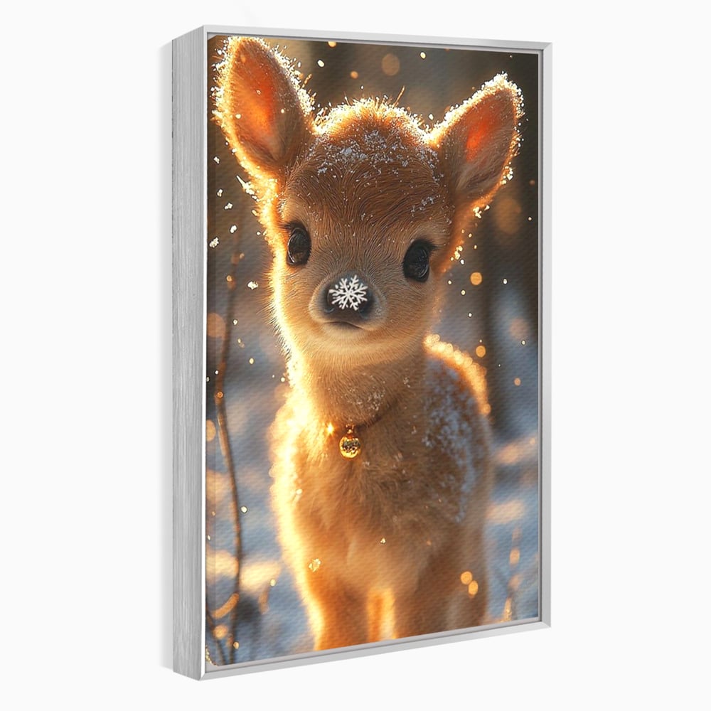 Canvas Wall Art Premium, LuxCanva® D1102, Die Magie der Unschuld eines Huhns, Tier, Hirsch, Wald, Schnee, Schneefall, Blick, Weißheit, Reinheit, Licht, Wunder, Spaziergang, Schnee, Abend, Wohnen, Schlafzimmer
