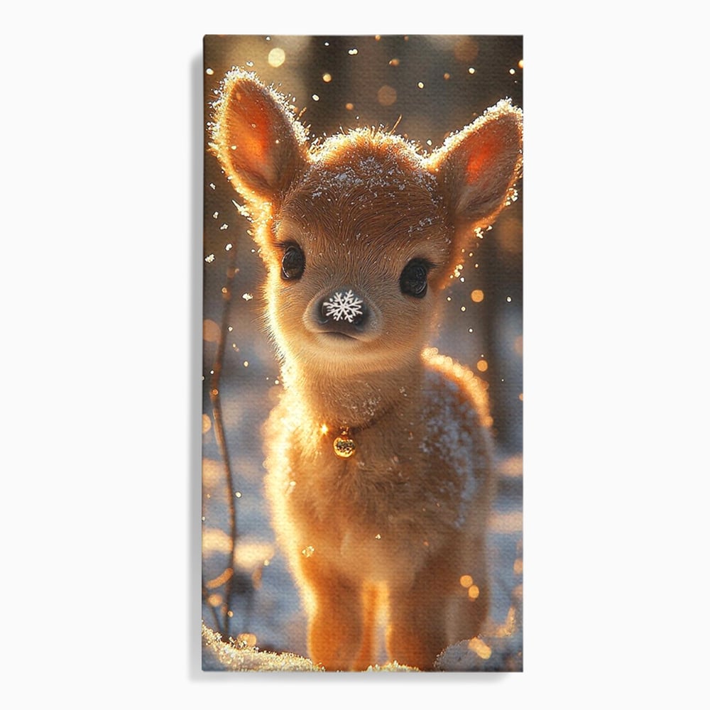 Canvas Wall Art Premium, LuxCanva® D1102, Die Magie der Unschuld eines Huhns, Tier, Hirsch, Wald, Schnee, Schneefall, Blick, Weißheit, Reinheit, Licht, Wunder, Spaziergang, Schnee, Abend, Wohnen, Schlafzimmer