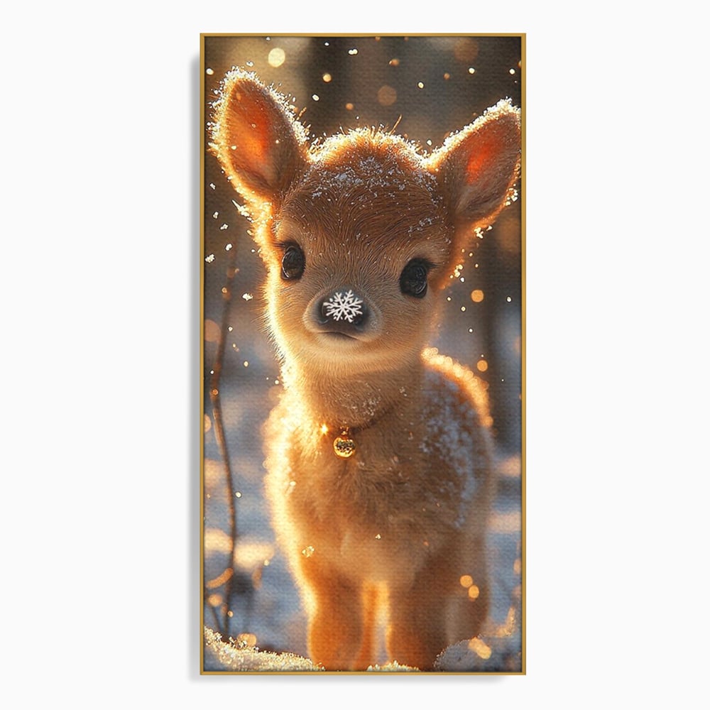 Canvas Wall Art Premium, LuxCanva® D1102, Die Magie der Unschuld eines Huhns, Tier, Hirsch, Wald, Schnee, Schneefall, Blick, Weißheit, Reinheit, Licht, Wunder, Spaziergang, Schnee, Abend, Wohnen, Schlafzimmer