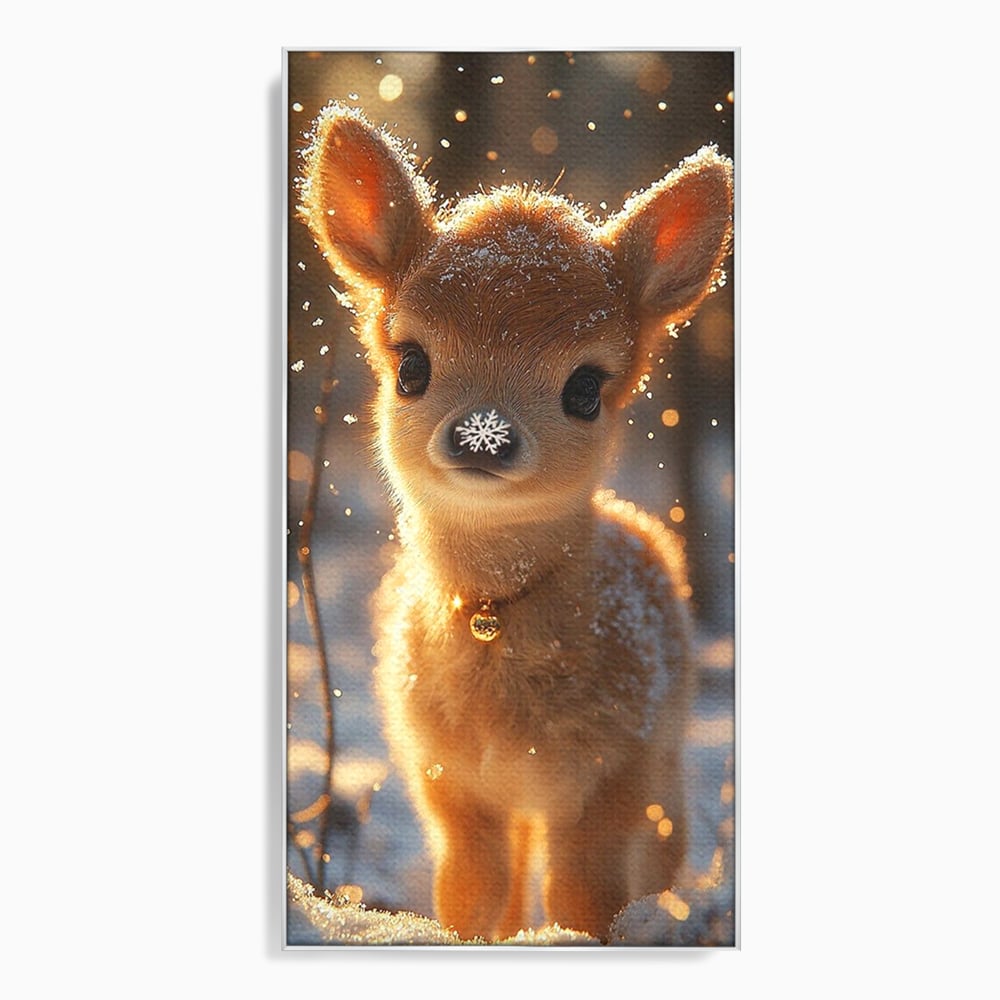 Canvas Wall Art Premium, LuxCanva® D1102, Die Magie der Unschuld eines Huhns, Tier, Hirsch, Wald, Schnee, Schneefall, Blick, Weißheit, Reinheit, Licht, Wunder, Spaziergang, Schnee, Abend, Wohnen, Schlafzimmer
