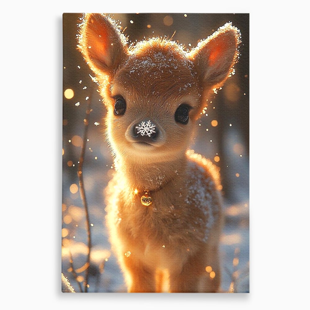 Canvas Wall Art Premium, LuxCanva® D1102, Die Magie der Unschuld eines Huhns, Tier, Hirsch, Wald, Schnee, Schneefall, Blick, Weißheit, Reinheit, Licht, Wunder, Spaziergang, Schnee, Abend, Wohnen, Schlafzimmer