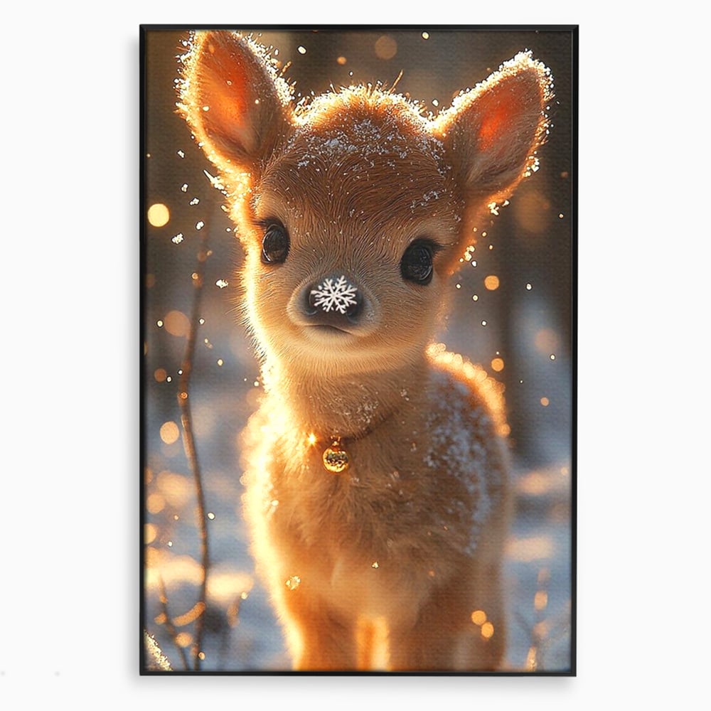 Canvas Wall Art Premium, LuxCanva® D1102, Die Magie der Unschuld eines Huhns, Tier, Hirsch, Wald, Schnee, Schneefall, Blick, Weißheit, Reinheit, Licht, Wunder, Spaziergang, Schnee, Abend, Wohnen, Schlafzimmer