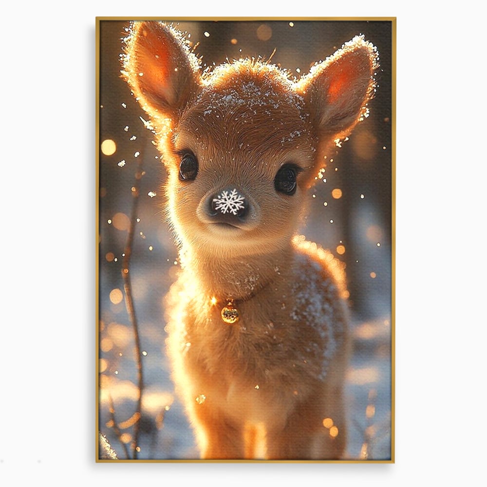 Canvas Wall Art Premium, LuxCanva® D1102, Die Magie der Unschuld eines Huhns, Tier, Hirsch, Wald, Schnee, Schneefall, Blick, Weißheit, Reinheit, Licht, Wunder, Spaziergang, Schnee, Abend, Wohnen, Schlafzimmer