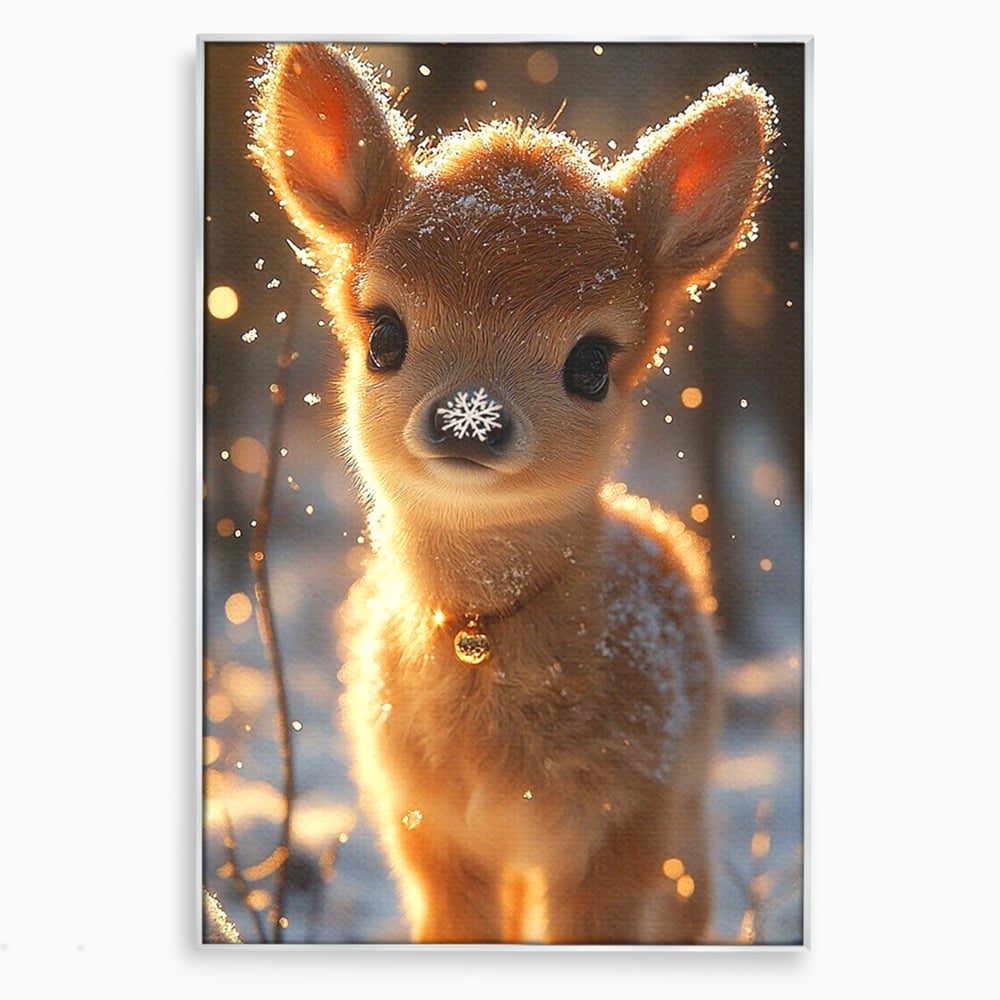 Canvas Wall Art Premium, LuxCanva® D1102, Die Magie der Unschuld eines Huhns, Tier, Hirsch, Wald, Schnee, Schneefall, Blick, Weißheit, Reinheit, Licht, Wunder, Spaziergang, Schnee, Abend, Wohnen, Schlafzimmer