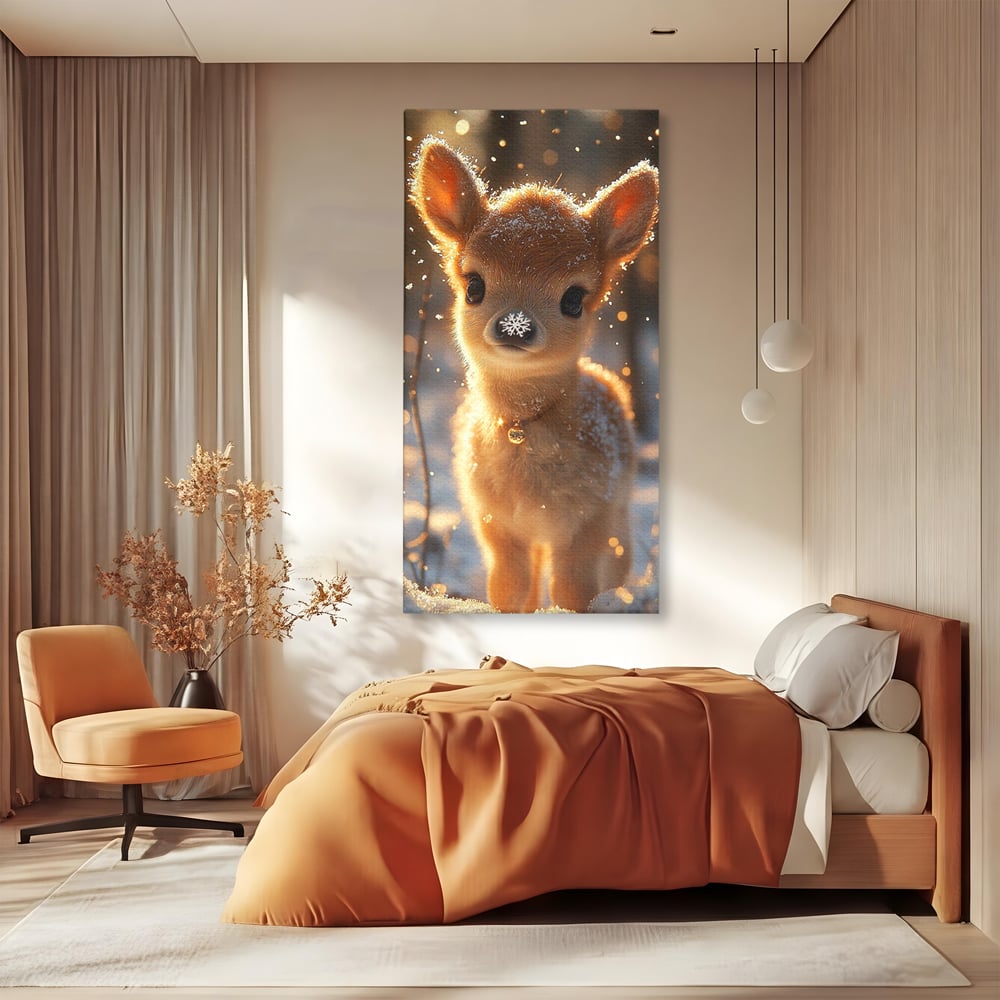 Canvas Wall Art Premium, LuxCanva® D1102, Die Magie der Unschuld eines Huhns, Tier, Hirsch, Wald, Schnee, Schneefall, Blick, Weißheit, Reinheit, Licht, Wunder, Spaziergang, Schnee, Abend, Wohnen, Schlafzimmer