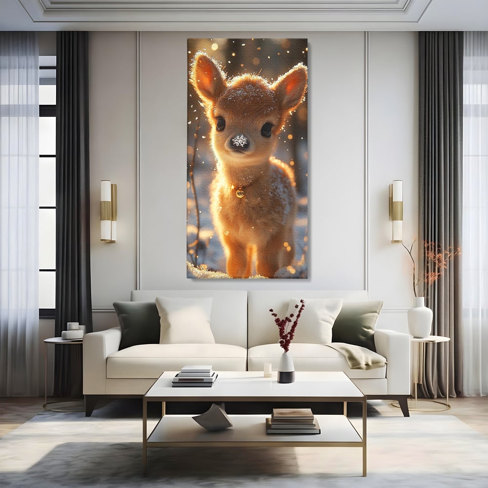 Canvas Wall Art Premium, LuxCanva® D1102, Die Magie der Unschuld eines Huhns, Tier, Hirsch, Wald, Schnee, Schneefall, Blick, Weißheit, Reinheit, Licht, Wunder, Spaziergang, Schnee, Abend, Wohnen, Schlafzimmer