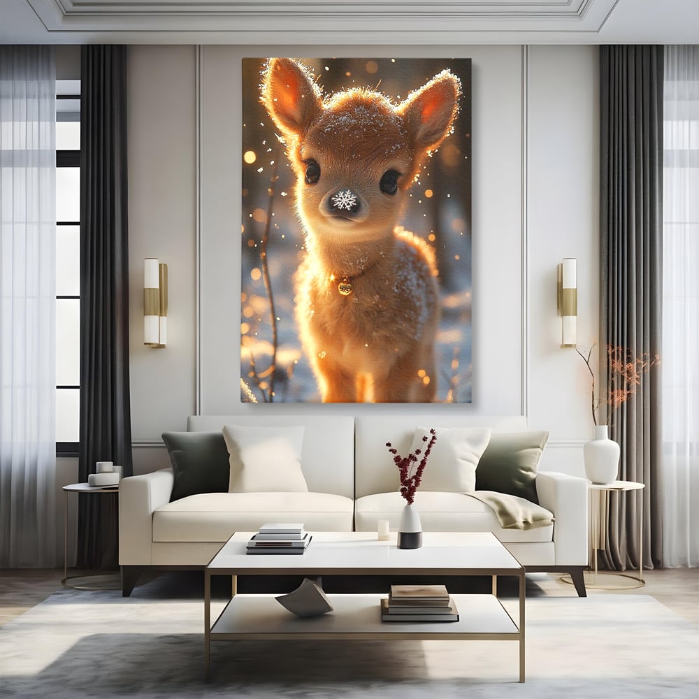 Canvas Wall Art Premium, LuxCanva® D1102, Die Magie der Unschuld eines Huhns, Tier, Hirsch, Wald, Schnee, Schneefall, Blick, Weißheit, Reinheit, Licht, Wunder, Spaziergang, Schnee, Abend, Wohnen, Schlafzimmer
