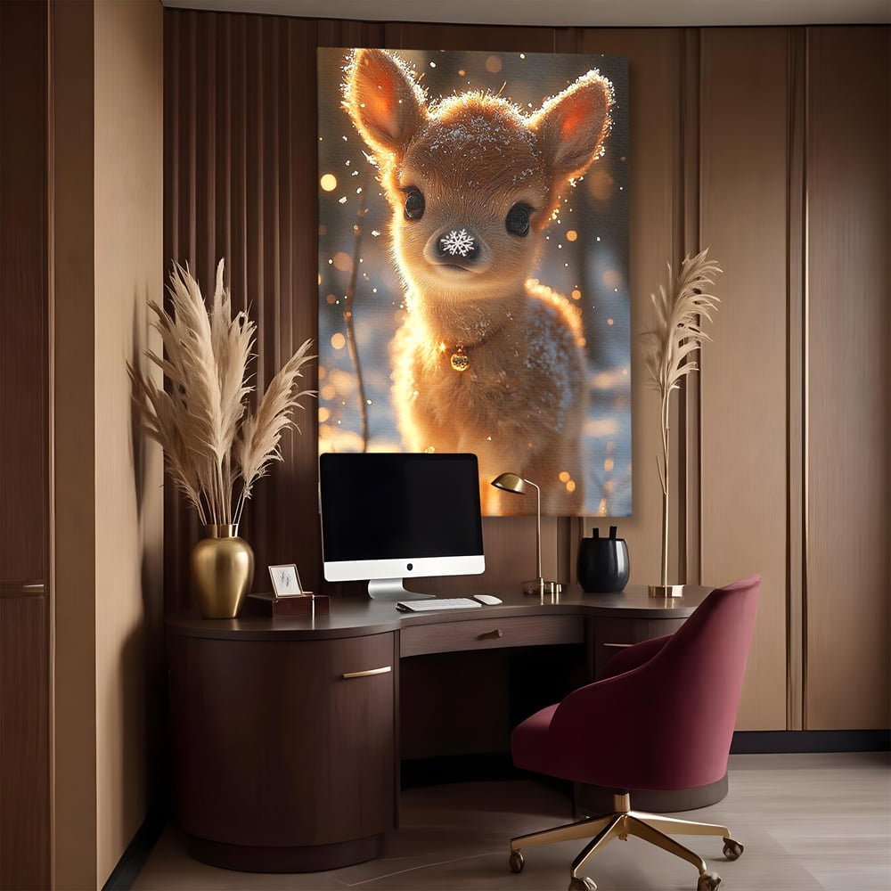 Canvas Wall Art Premium, LuxCanva® D1102, Die Magie der Unschuld eines Huhns, Tier, Hirsch, Wald, Schnee, Schneefall, Blick, Weißheit, Reinheit, Licht, Wunder, Spaziergang, Schnee, Abend, Wohnen, Schlafzimmer
