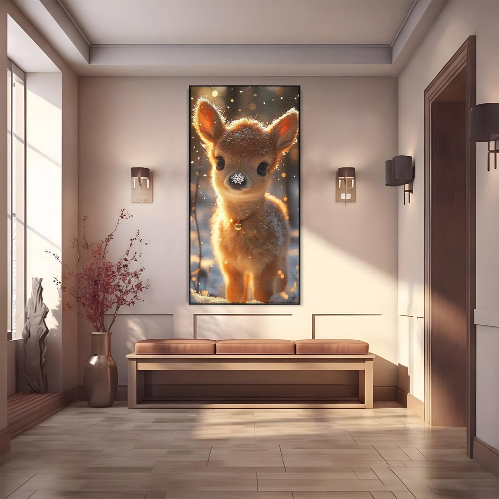 Canvas Wall Art Premium, LuxCanva® D1102, Die Magie der Unschuld eines Huhns, Tier, Hirsch, Wald, Schnee, Schneefall, Blick, Weißheit, Reinheit, Licht, Wunder, Spaziergang, Schnee, Abend, Wohnen, Schlafzimmer