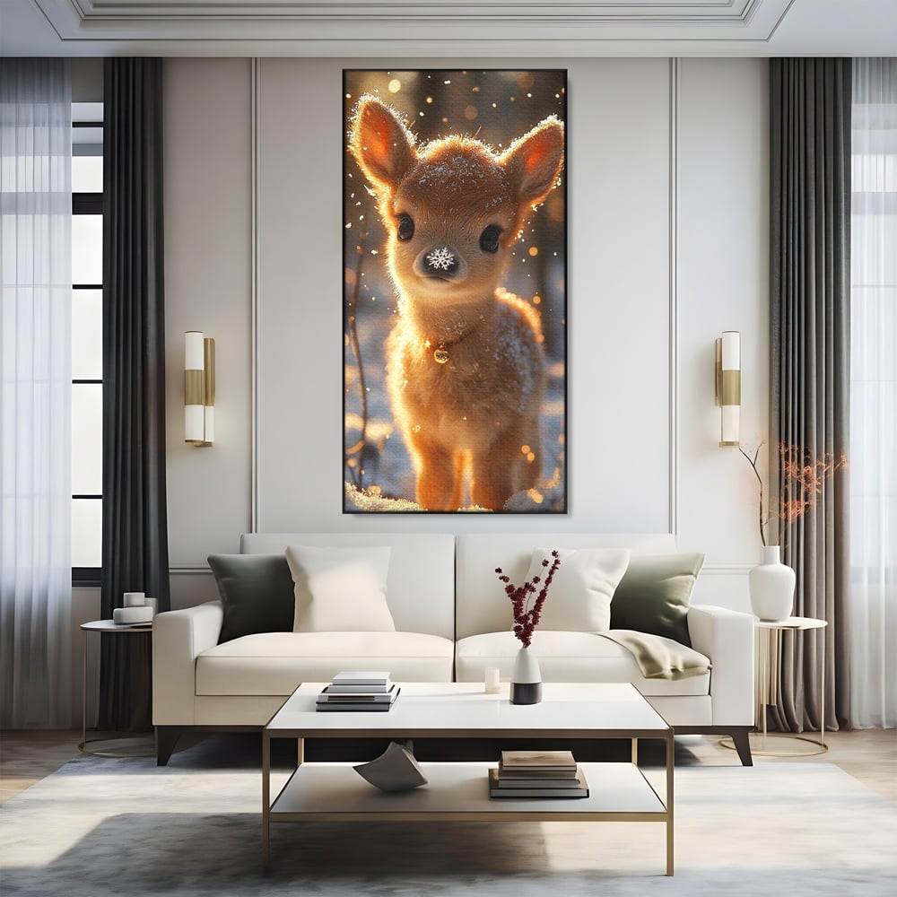 Canvas Wall Art Premium, LuxCanva® D1102, Die Magie der Unschuld eines Huhns, Tier, Hirsch, Wald, Schnee, Schneefall, Blick, Weißheit, Reinheit, Licht, Wunder, Spaziergang, Schnee, Abend, Wohnen, Schlafzimmer
