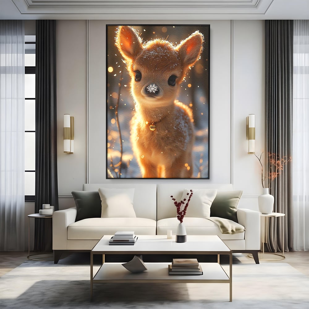 Canvas Wall Art Premium, LuxCanva® D1102, Die Magie der Unschuld eines Huhns, Tier, Hirsch, Wald, Schnee, Schneefall, Blick, Weißheit, Reinheit, Licht, Wunder, Spaziergang, Schnee, Abend, Wohnen, Schlafzimmer