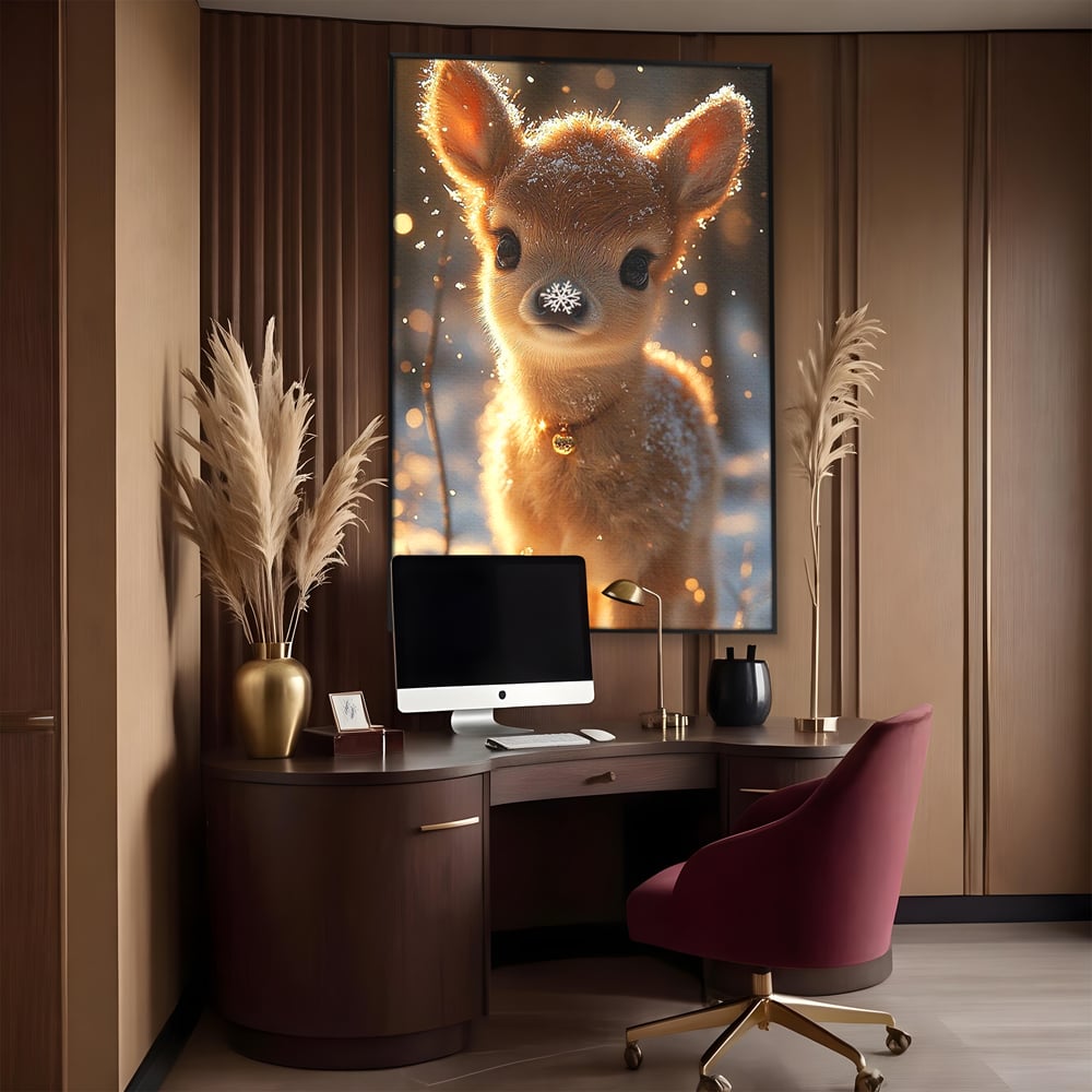 Canvas Wall Art Premium, LuxCanva® D1102, Die Magie der Unschuld eines Huhns, Tier, Hirsch, Wald, Schnee, Schneefall, Blick, Weißheit, Reinheit, Licht, Wunder, Spaziergang, Schnee, Abend, Wohnen, Schlafzimmer