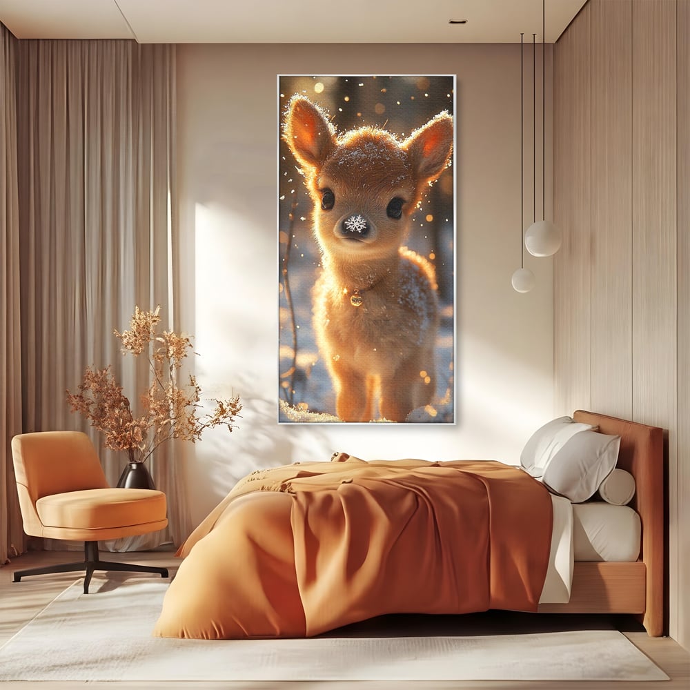 Canvas Wall Art Premium, LuxCanva® D1102, Die Magie der Unschuld eines Huhns, Tier, Hirsch, Wald, Schnee, Schneefall, Blick, Weißheit, Reinheit, Licht, Wunder, Spaziergang, Schnee, Abend, Wohnen, Schlafzimmer