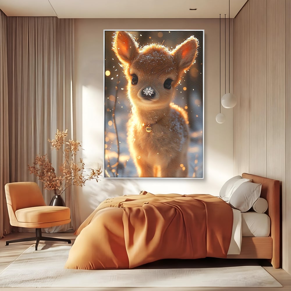 Canvas Wall Art Premium, LuxCanva® D1102, Die Magie der Unschuld eines Huhns, Tier, Hirsch, Wald, Schnee, Schneefall, Blick, Weißheit, Reinheit, Licht, Wunder, Spaziergang, Schnee, Abend, Wohnen, Schlafzimmer