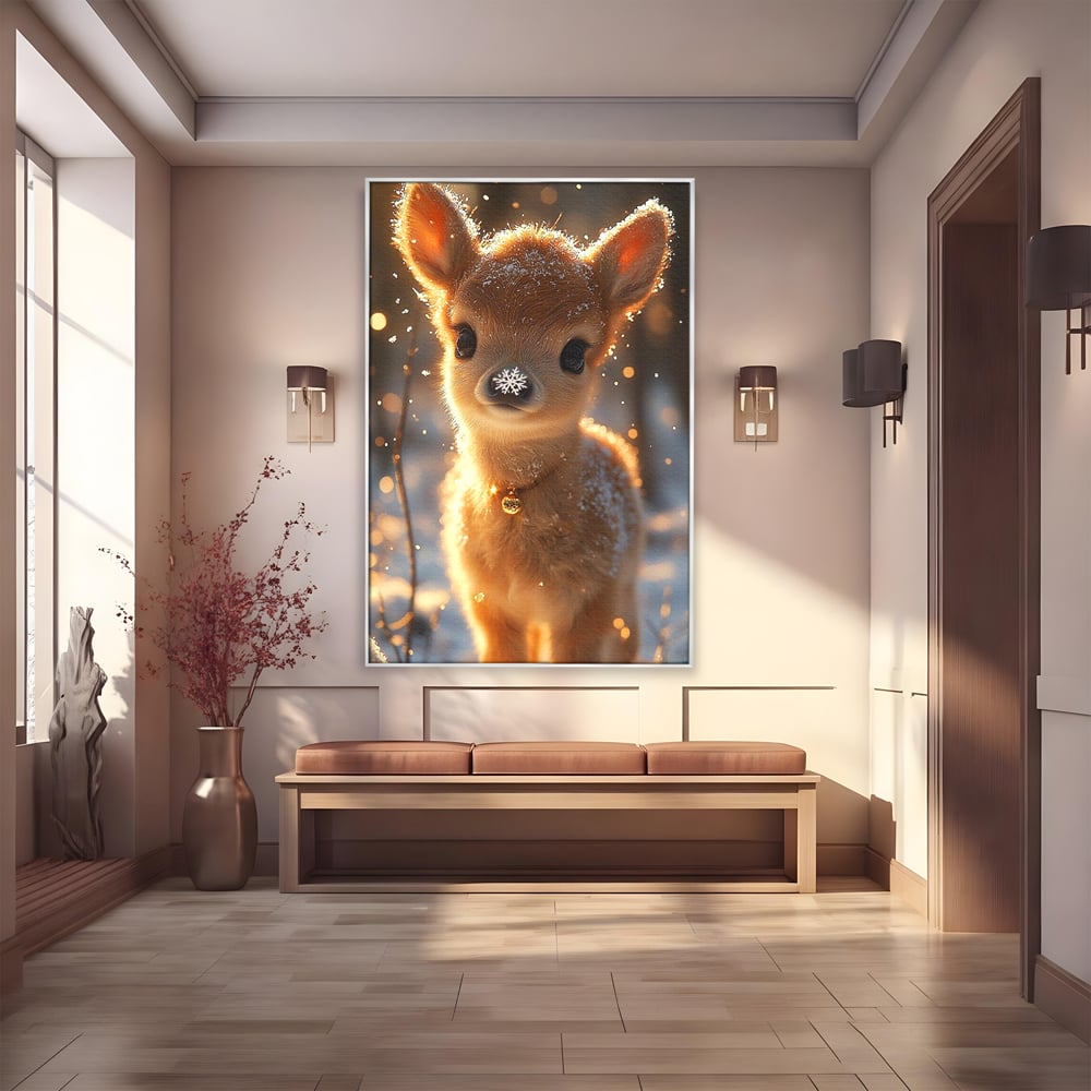 Canvas Wall Art Premium, LuxCanva® D1102, Die Magie der Unschuld eines Huhns, Tier, Hirsch, Wald, Schnee, Schneefall, Blick, Weißheit, Reinheit, Licht, Wunder, Spaziergang, Schnee, Abend, Wohnen, Schlafzimmer