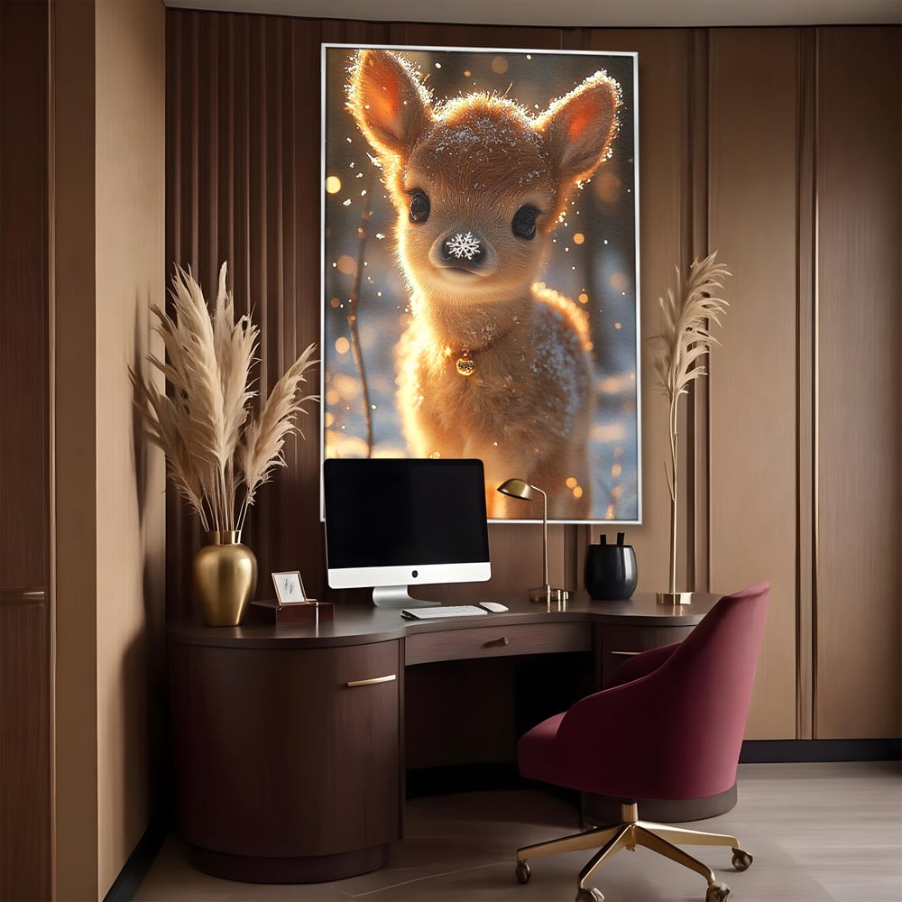 Canvas Wall Art Premium, LuxCanva® D1102, Die Magie der Unschuld eines Huhns, Tier, Hirsch, Wald, Schnee, Schneefall, Blick, Weißheit, Reinheit, Licht, Wunder, Spaziergang, Schnee, Abend, Wohnen, Schlafzimmer