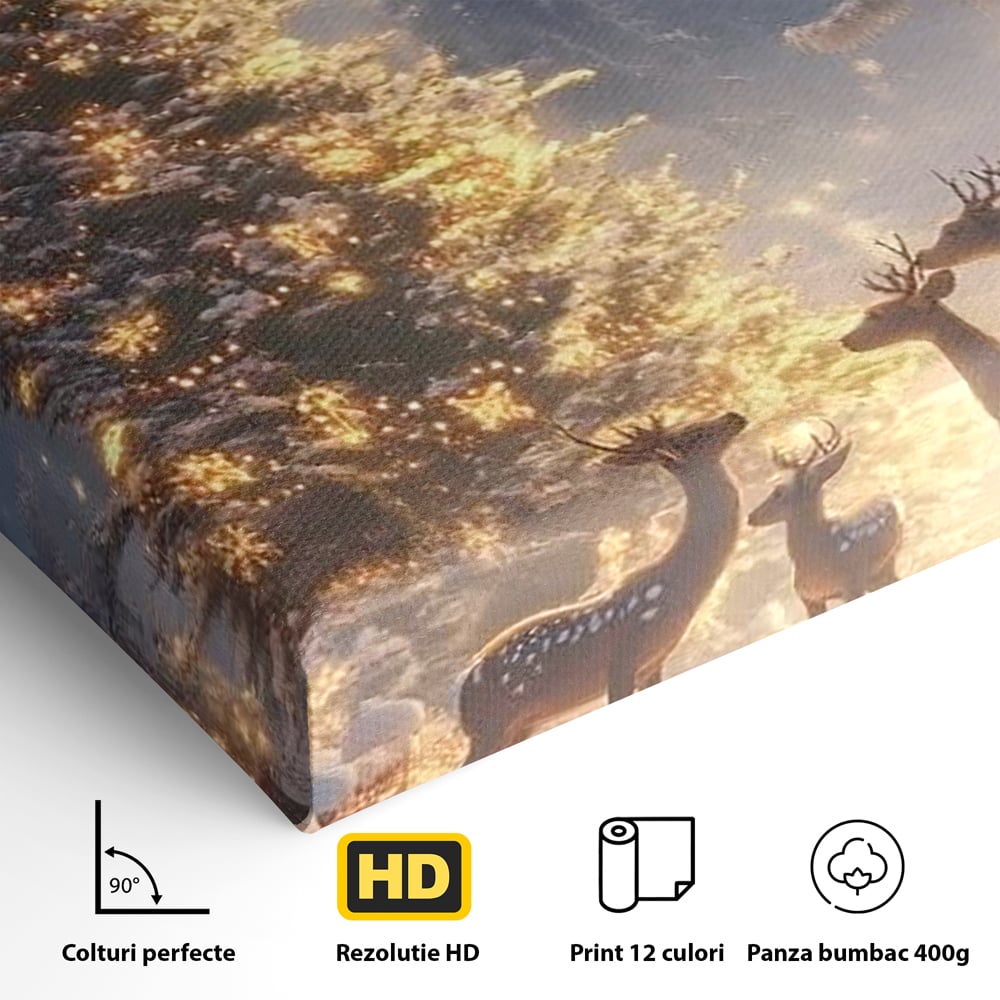 Leinwandbilder Premium, LuxCanva® D1103, Waldengel, Winter, Nacht, Gelassenheit, Gruppe, Hirsch, Tannenbaum, Dekoriert, Wald, Magie, Märchen, Himmel, Sternenhimmel, Weihnachten, Charmant, Frieden, Wohnen, Schlafzimmer