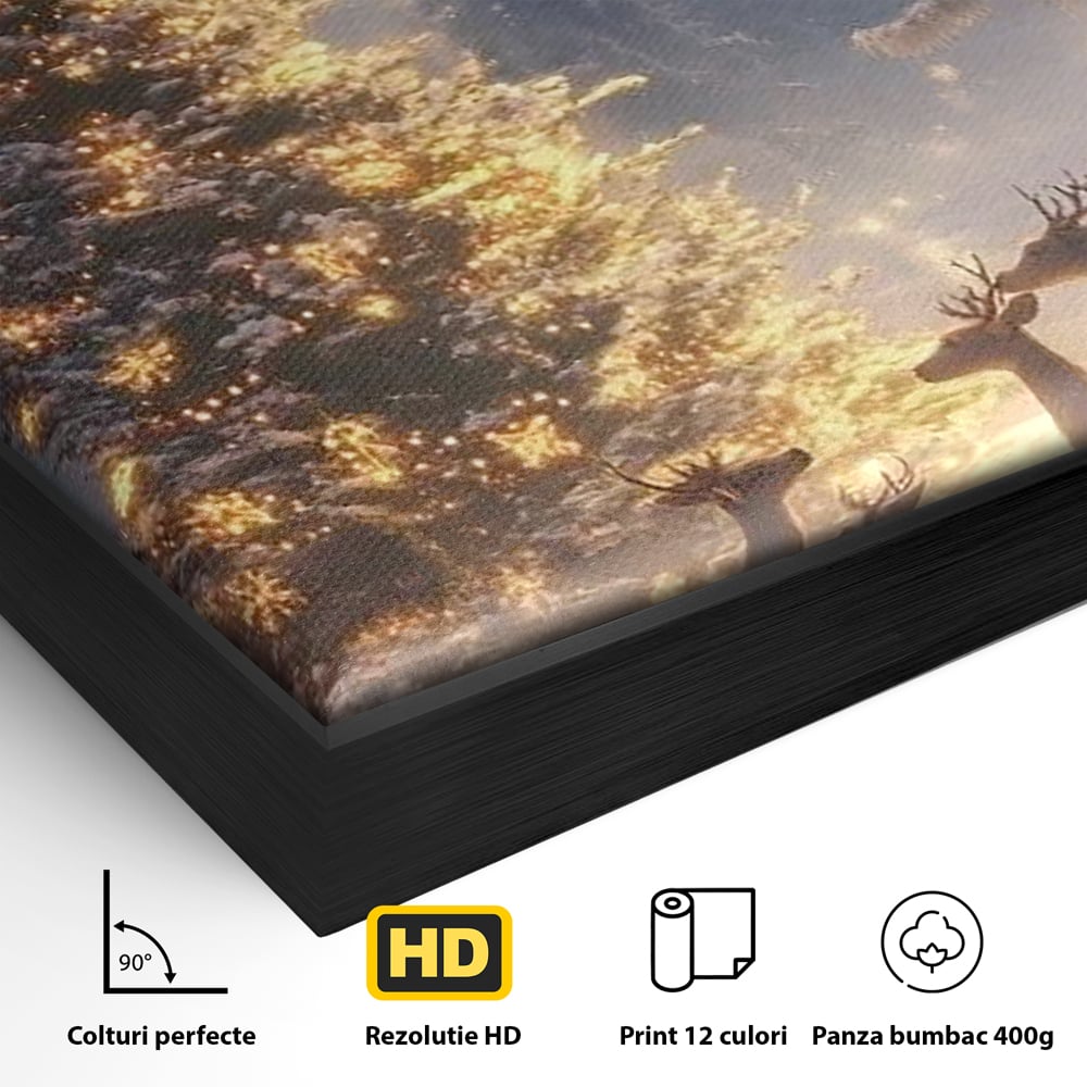 Leinwandbilder Premium, LuxCanva® D1103, Waldengel, Winter, Nacht, Gelassenheit, Gruppe, Hirsch, Tannenbaum, Dekoriert, Wald, Magie, Märchen, Himmel, Sternenhimmel, Weihnachten, Charmant, Frieden, Wohnen, Schlafzimmer