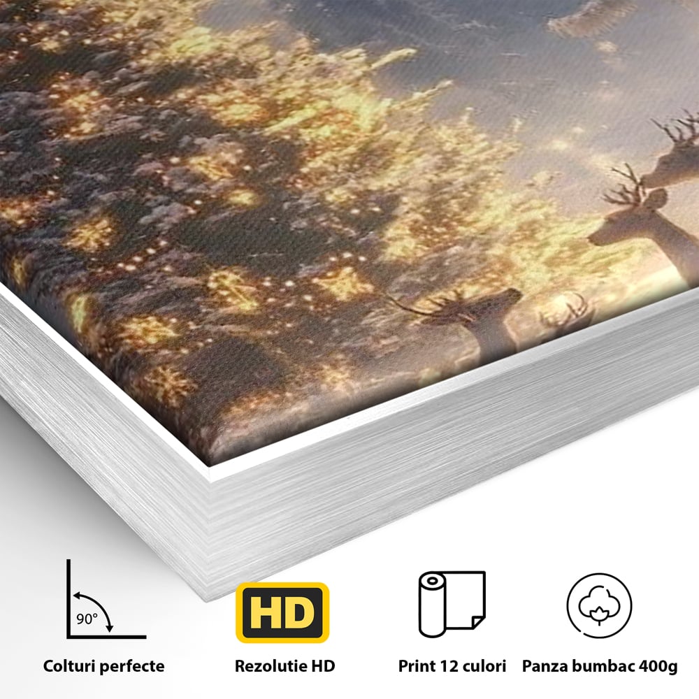 Leinwandbilder Premium, LuxCanva® D1103, Waldengel, Winter, Nacht, Gelassenheit, Gruppe, Hirsch, Tannenbaum, Dekoriert, Wald, Magie, Märchen, Himmel, Sternenhimmel, Weihnachten, Charmant, Frieden, Wohnen, Schlafzimmer