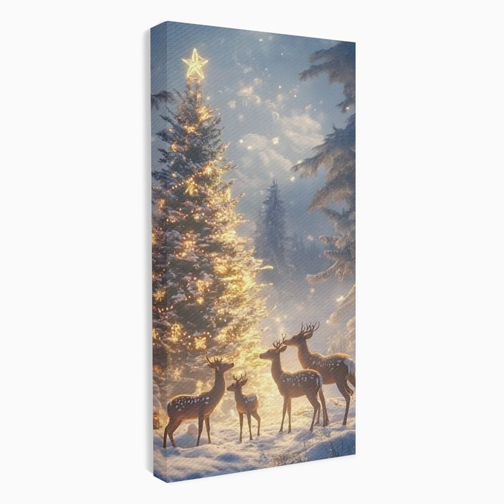 Leinwandbilder Premium, LuxCanva® D1103, Waldengel, Winter, Nacht, Gelassenheit, Gruppe, Hirsch, Tannenbaum, Dekoriert, Wald, Magie, Märchen, Himmel, Sternenhimmel, Weihnachten, Charmant, Frieden, Wohnen, Schlafzimmer