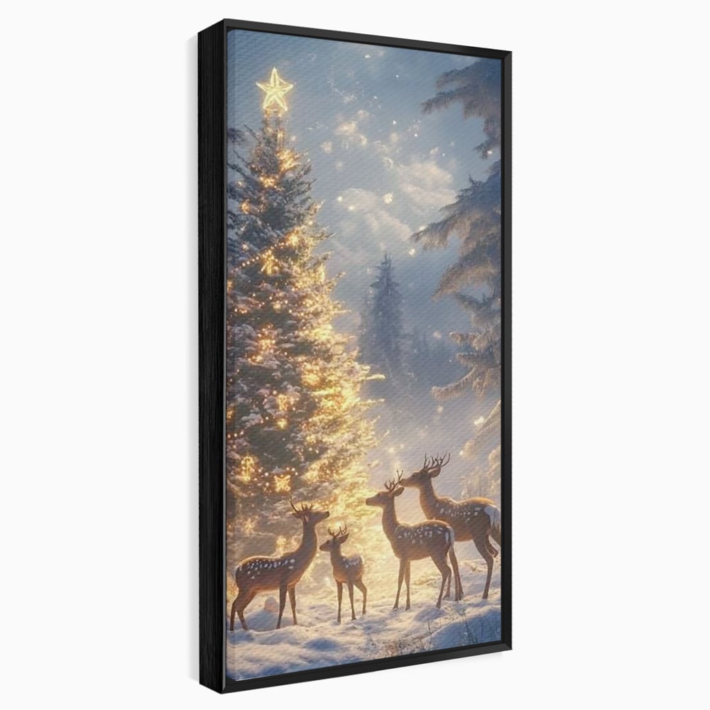 Leinwandbilder Premium, LuxCanva® D1103, Waldengel, Winter, Nacht, Gelassenheit, Gruppe, Hirsch, Tannenbaum, Dekoriert, Wald, Magie, Märchen, Himmel, Sternenhimmel, Weihnachten, Charmant, Frieden, Wohnen, Schlafzimmer