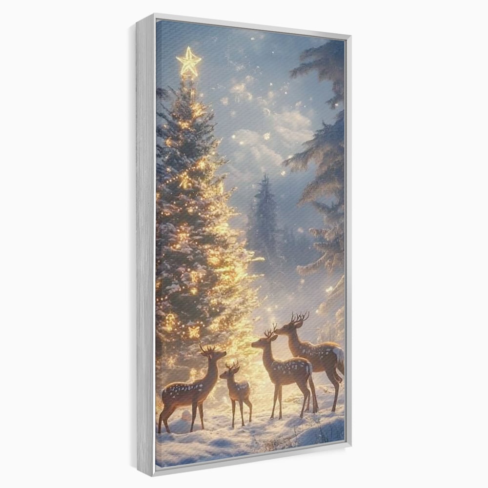 Leinwandbilder Premium, LuxCanva® D1103, Waldengel, Winter, Nacht, Gelassenheit, Gruppe, Hirsch, Tannenbaum, Dekoriert, Wald, Magie, Märchen, Himmel, Sternenhimmel, Weihnachten, Charmant, Frieden, Wohnen, Schlafzimmer