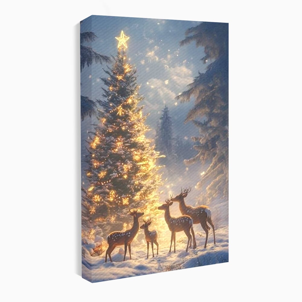 Leinwandbilder Premium, LuxCanva® D1103, Waldengel, Winter, Nacht, Gelassenheit, Gruppe, Hirsch, Tannenbaum, Dekoriert, Wald, Magie, Märchen, Himmel, Sternenhimmel, Weihnachten, Charmant, Frieden, Wohnen, Schlafzimmer