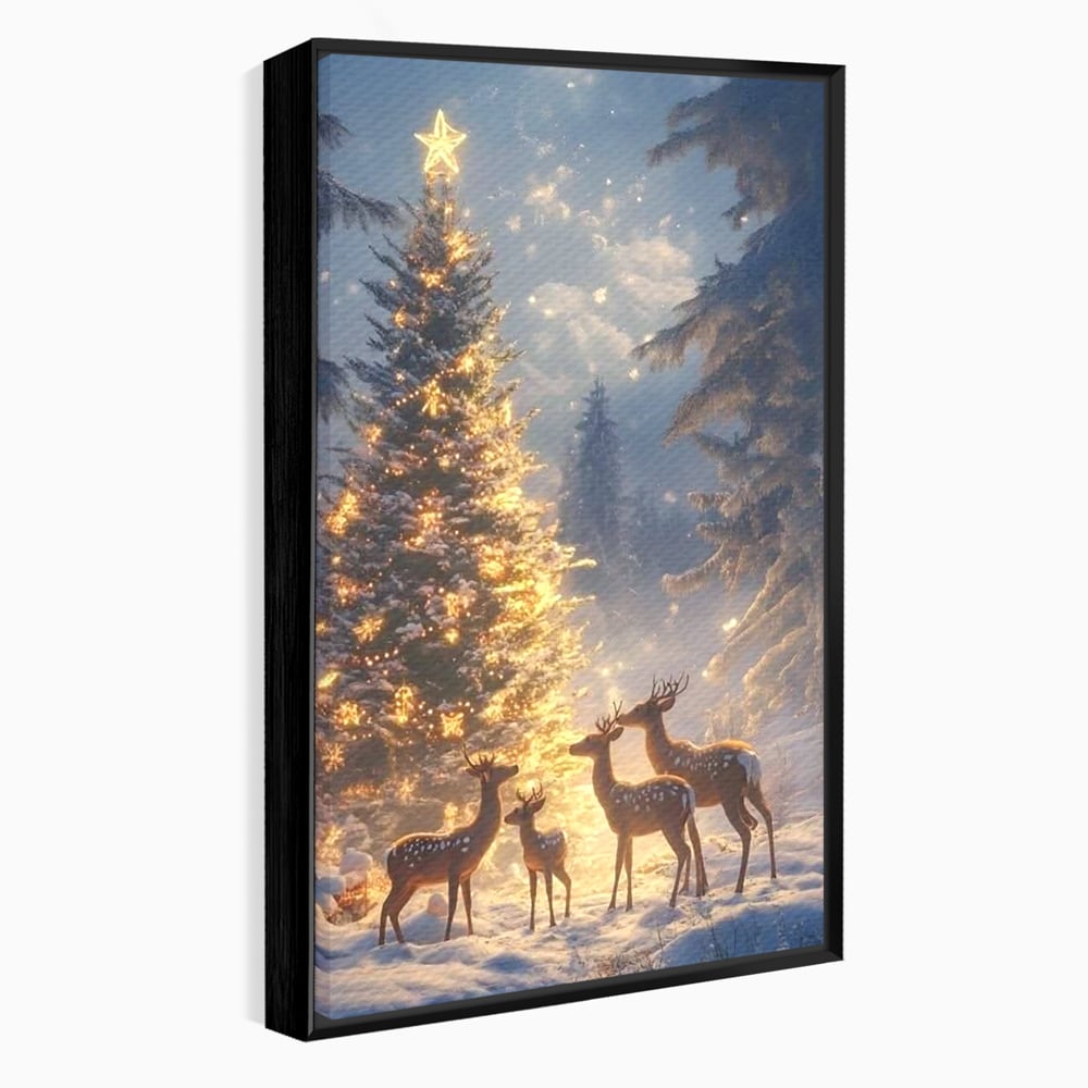 Leinwandbilder Premium, LuxCanva® D1103, Waldengel, Winter, Nacht, Gelassenheit, Gruppe, Hirsch, Tannenbaum, Dekoriert, Wald, Magie, Märchen, Himmel, Sternenhimmel, Weihnachten, Charmant, Frieden, Wohnen, Schlafzimmer
