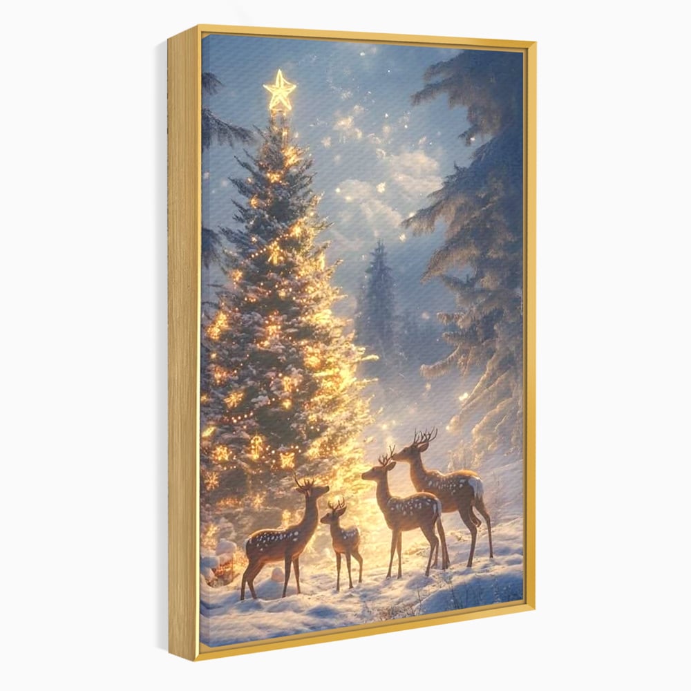 Leinwandbilder Premium, LuxCanva® D1103, Waldengel, Winter, Nacht, Gelassenheit, Gruppe, Hirsch, Tannenbaum, Dekoriert, Wald, Magie, Märchen, Himmel, Sternenhimmel, Weihnachten, Charmant, Frieden, Wohnen, Schlafzimmer