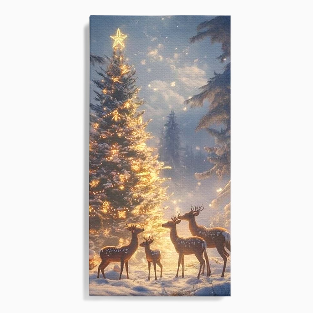 Leinwandbilder Premium, LuxCanva® D1103, Waldengel, Winter, Nacht, Gelassenheit, Gruppe, Hirsch, Tannenbaum, Dekoriert, Wald, Magie, Märchen, Himmel, Sternenhimmel, Weihnachten, Charmant, Frieden, Wohnen, Schlafzimmer